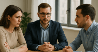 Koppel in gesprek met mediator over echtscheiding en rechtsbijstand