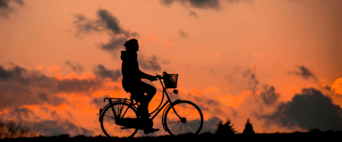 Fietser bij zonsondergang, symbool voor basis fietsverzekering: bescherming tegen diefstal en schade aan je fiets.
